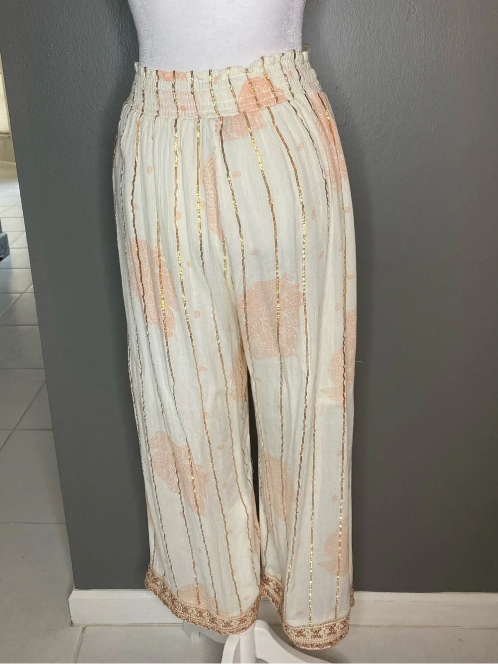 NWOT! ZURY Cream & Peach Embroidered Bohemian Kimono & Wide-Leg Pants Set - OS